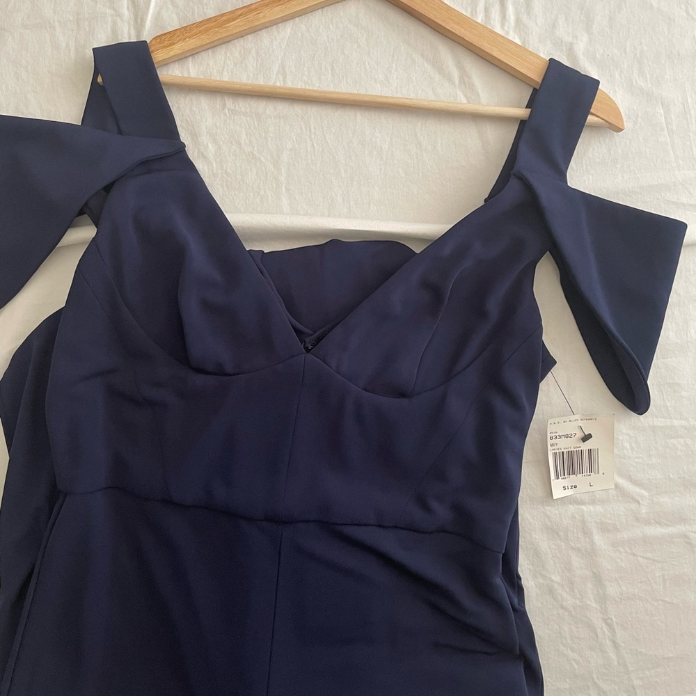 ABS by Allen Schwartz Navy Triangle Sleeve Deep V-Neck Gown - Picture 10 of 16